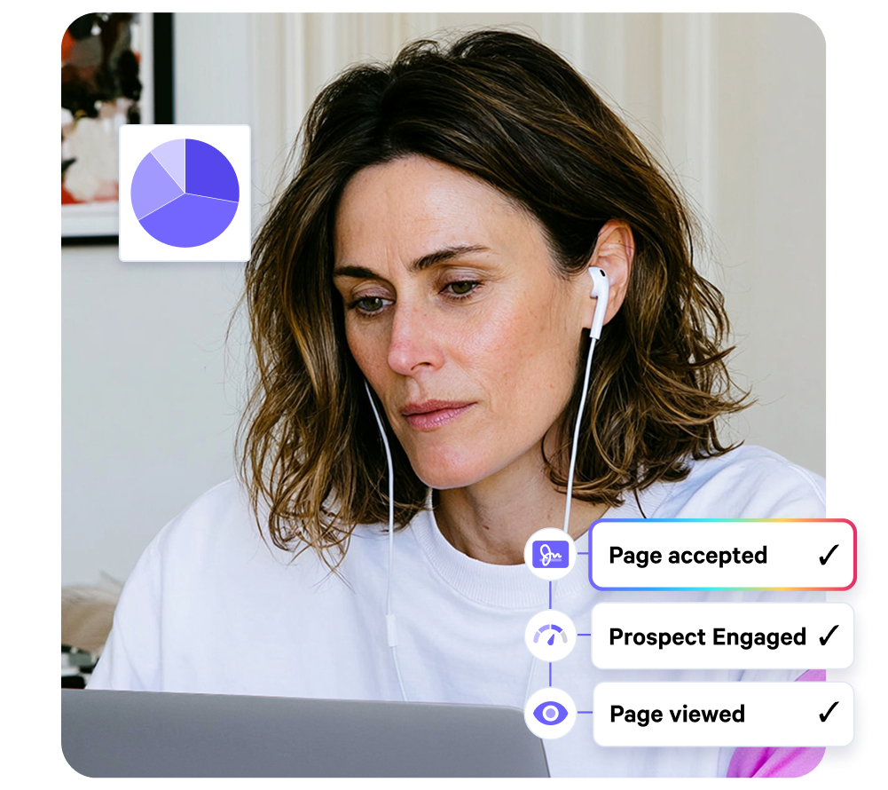 A woman wearing earphones looks at a laptop, with overlaid graphics showing a pie chart and a list of tracked actions: Page accepted, Prospect Engaged, Page viewed.