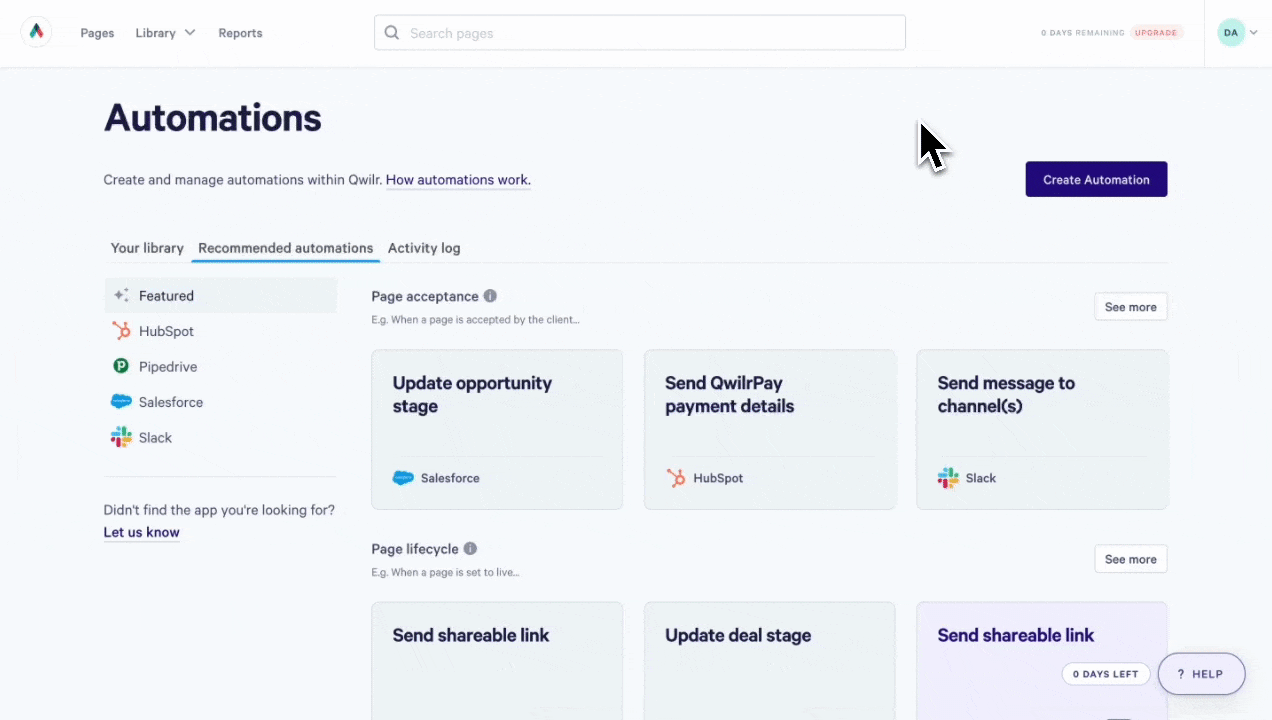 Gif showing automations with pipedrive and qwilr