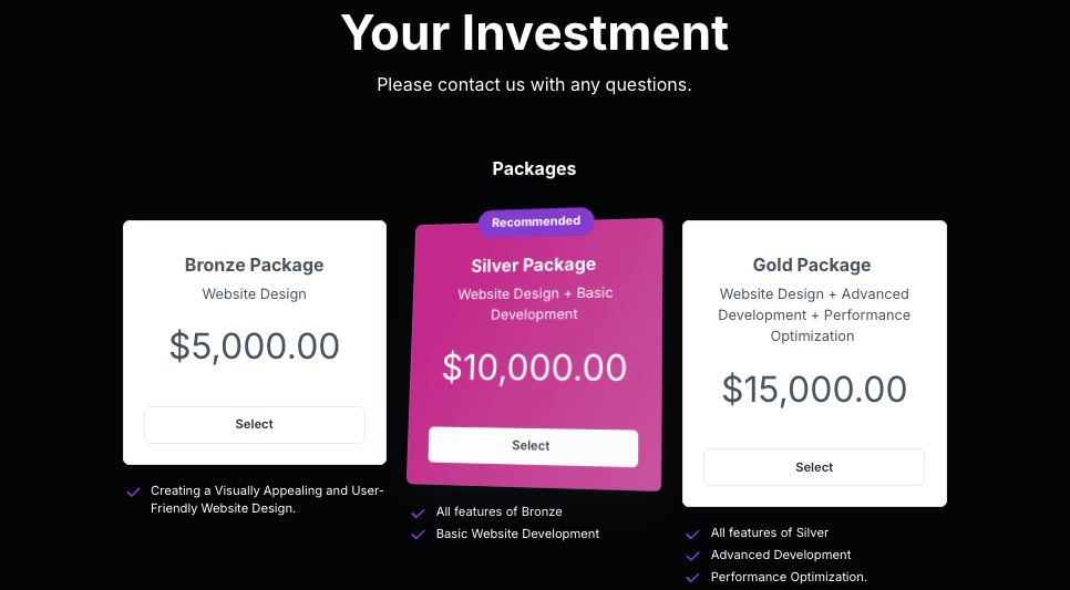 Pricing packages for web proposal