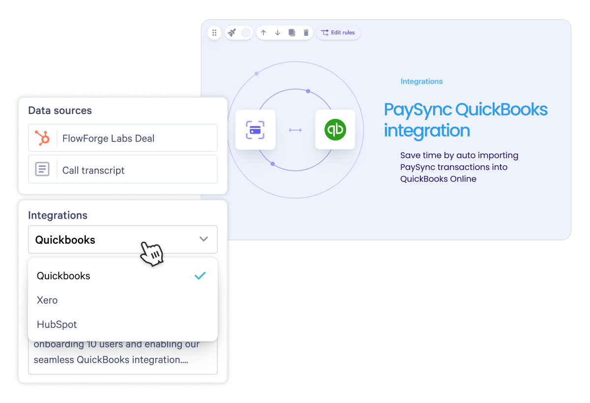 A software interface demonstrating a PaySync QuickBooks integration with "Quickbooks" selected in an integrations menu.