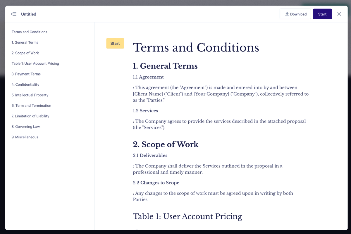A web interface displaying a document titled "Terms and Conditions" with a table of contents on the left.
