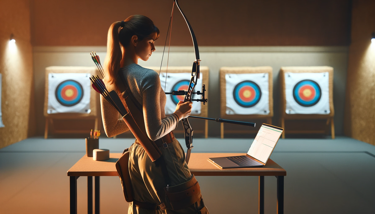 A woman on a laptop with target and bow and arrow