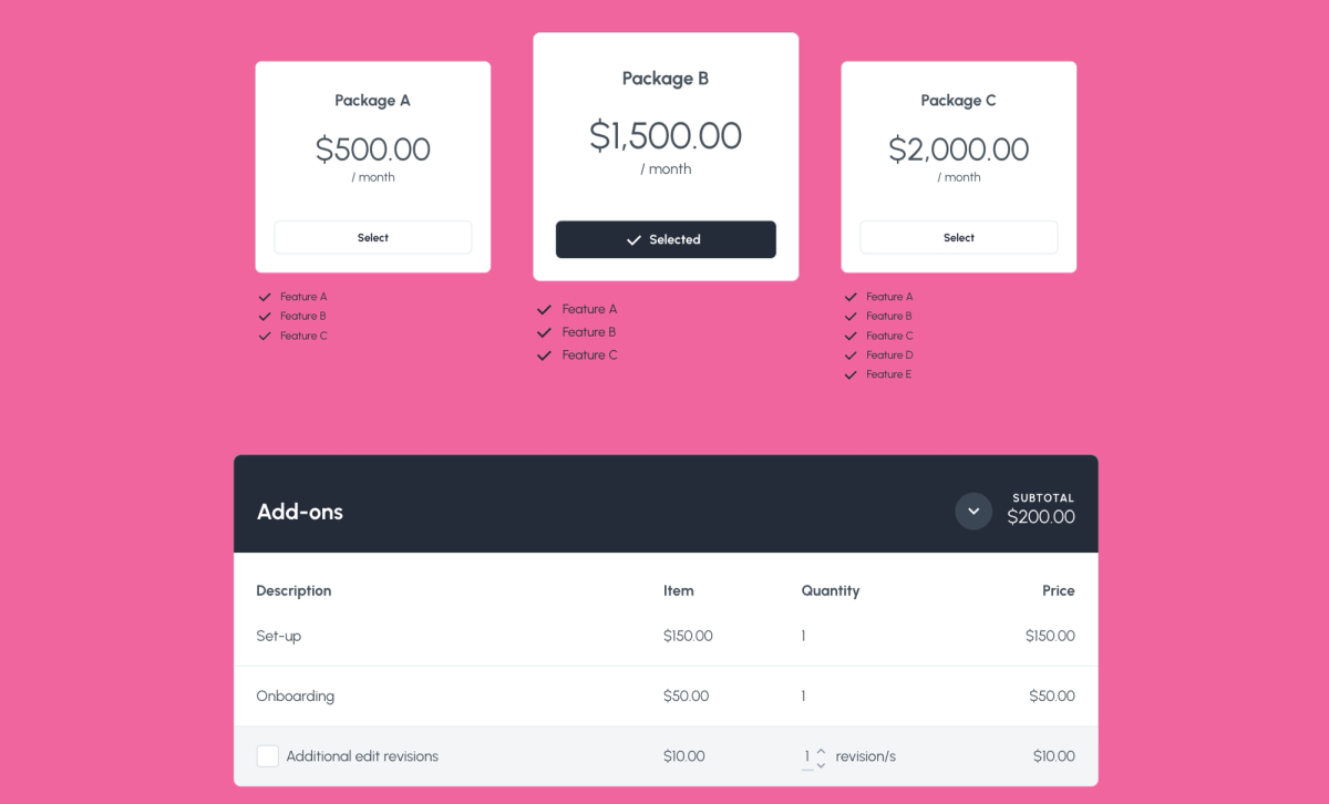 a screenshot of a website showing three different packages
