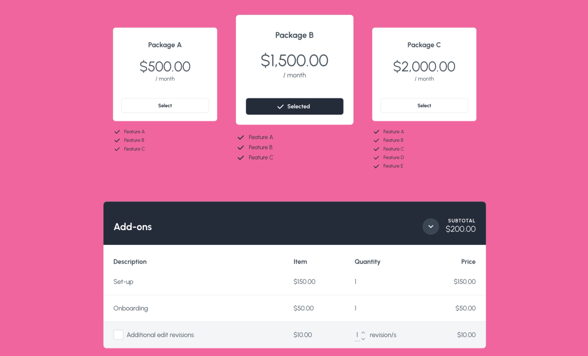 a screenshot of a website showing three different packages