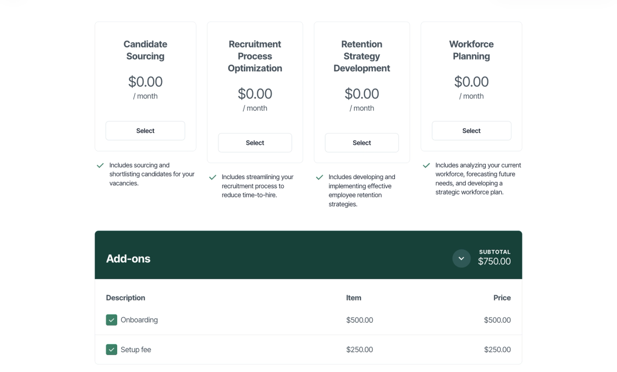 a screenshot of a website showing the costs of various services .