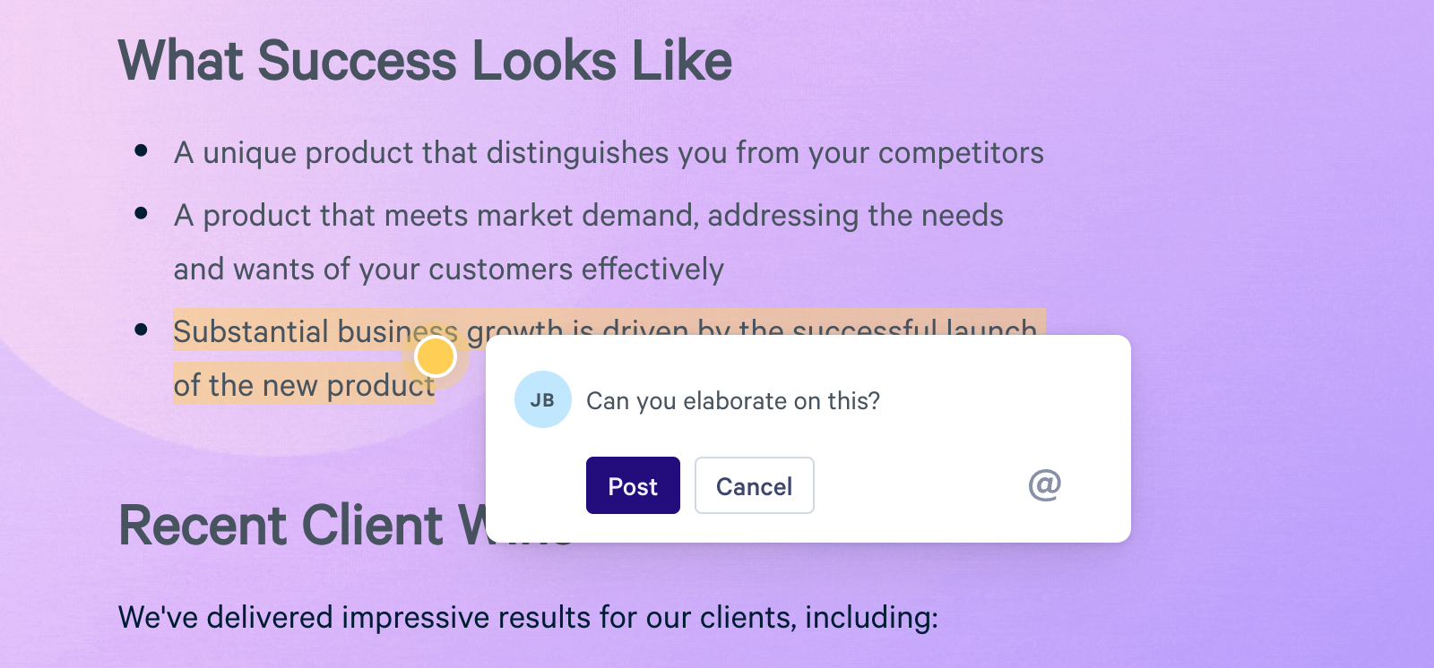 A document with highlighted text, "Substantial business growth...", and an open comment box from user "JB" asking, "Can you elaborate on this?"