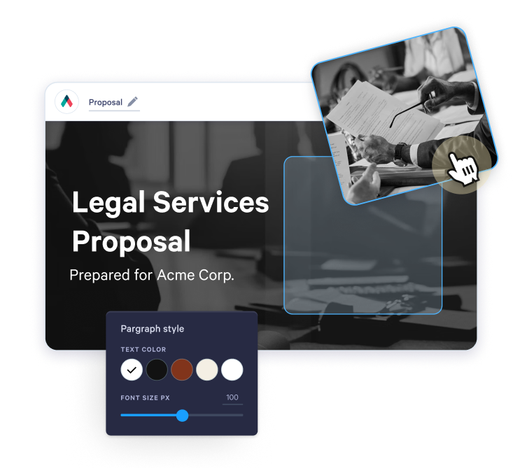 A digital proposal editor showing a "Legal Services Proposal" document, a text style menu, and an image selection overlay.