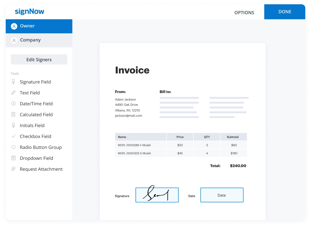 a computer screen shows an invoice with a signature on it