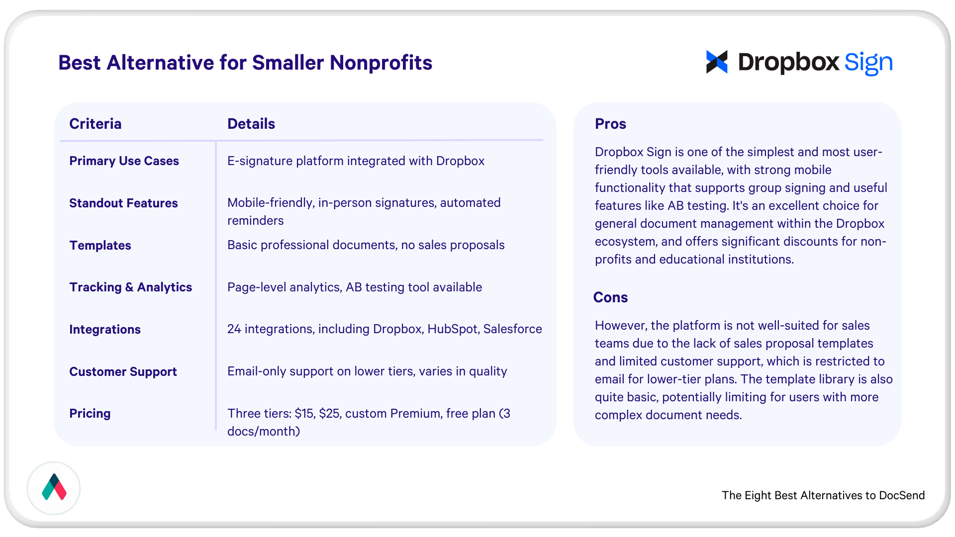 a list of criteria and details for dropbox sign