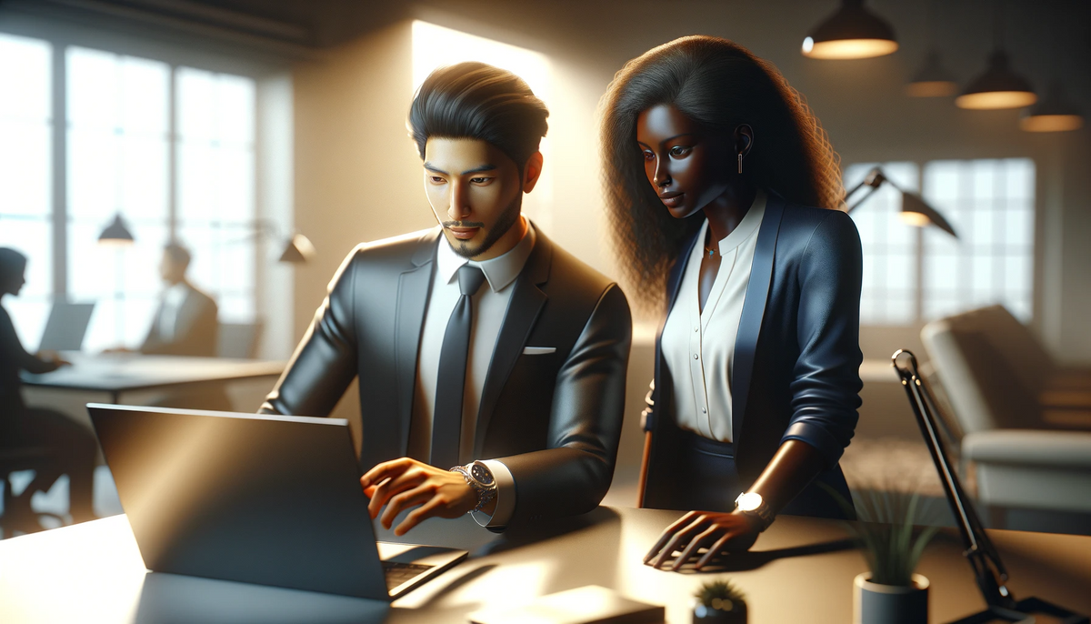 Man and woman in front of laptop