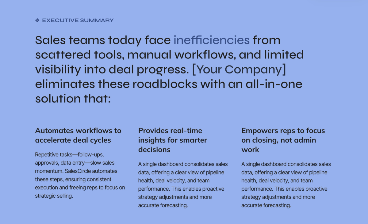 an executive summary of sales teams today face inefficiencies from scattered tools manual workflows and limited visibility into deal progress