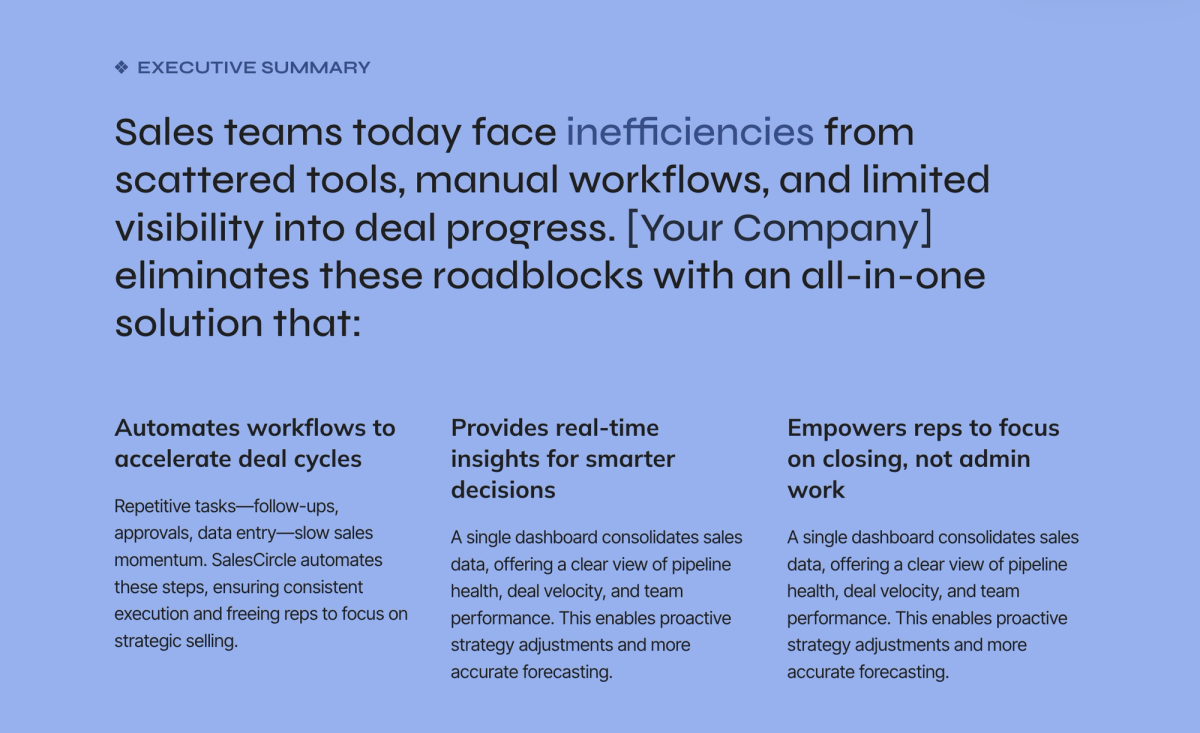 an executive summary of sales teams today face inefficiencies from scattered tools manual workflows and limited visibility into deal progress