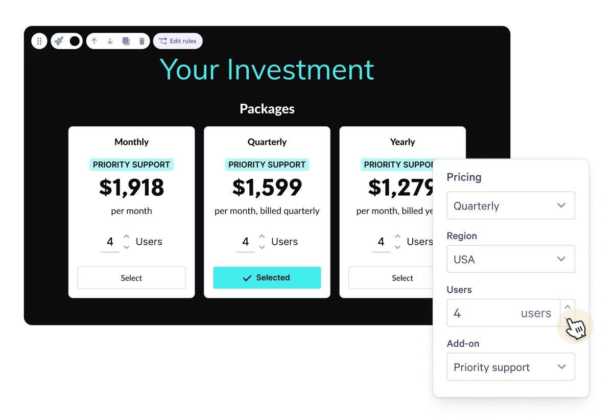 A dark UI displaying pricing packages for monthly, quarterly (selected), and yearly plans, with an open customization menu showing options for users, region, and add-ons.