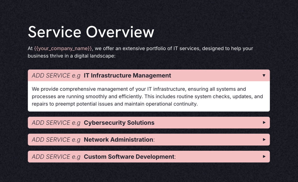 a page that says service overview at the top