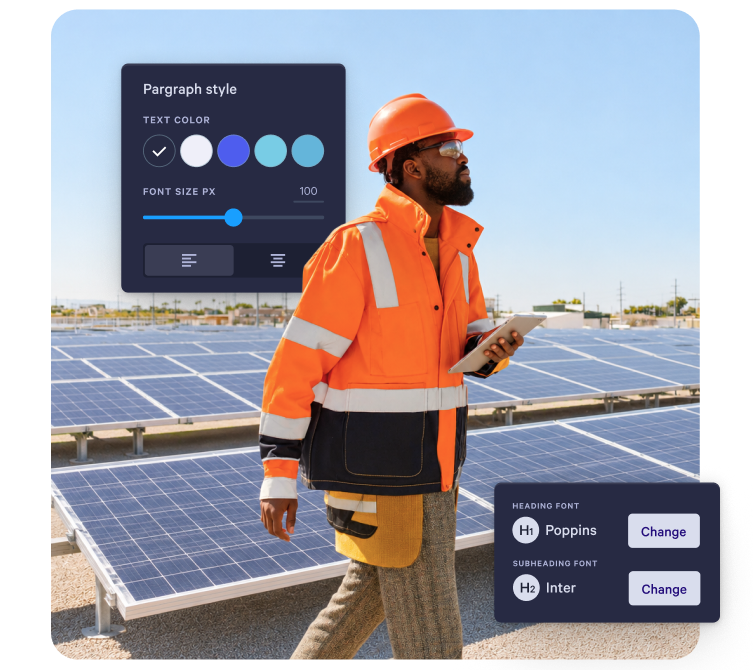A man in a hard hat and safety jacket walks through a solar farm, holding a tablet, with overlaid UI elements for text and font styling.