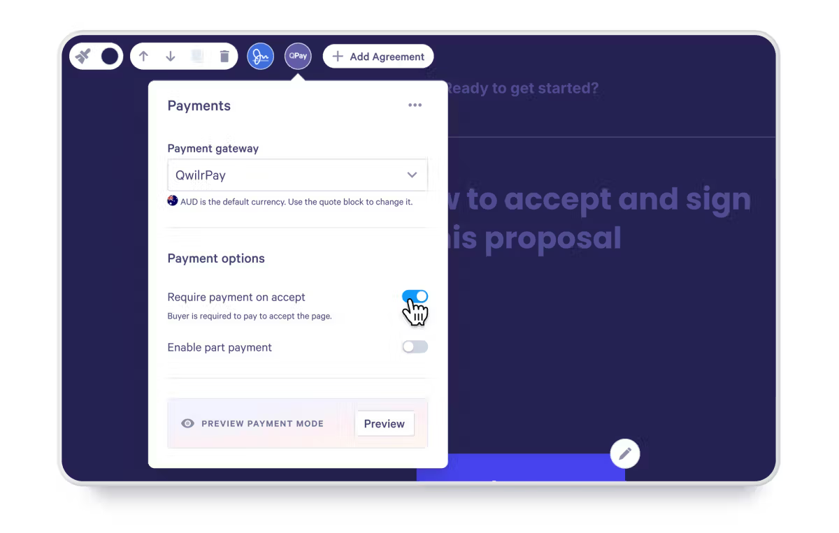 Payment settings interface showing "Require payment on accept" enabled, with a hand cursor pointing to the toggle.