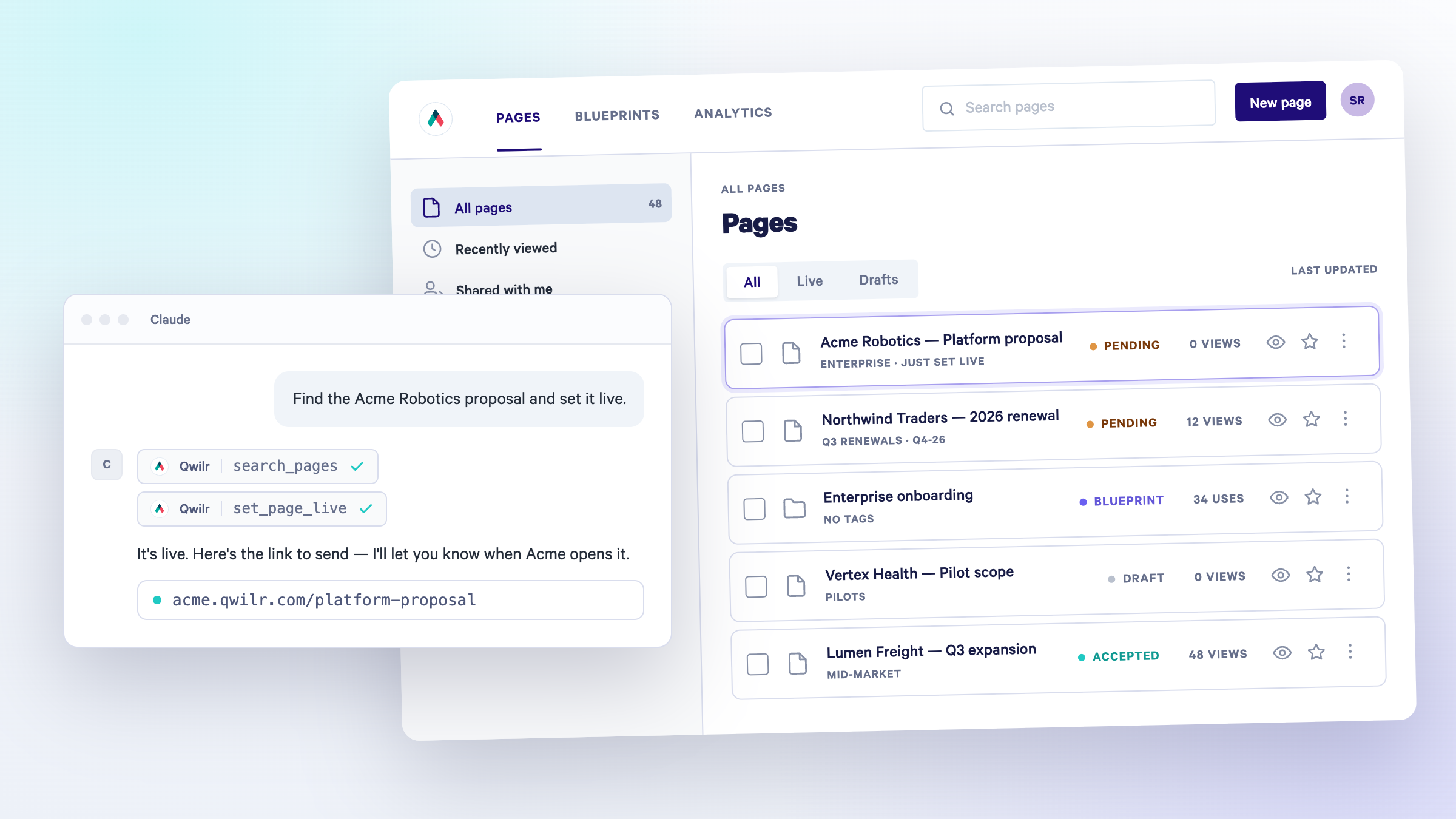 A chat window with an AI assistant showing it set a document live, overlaid on a document management dashboard.