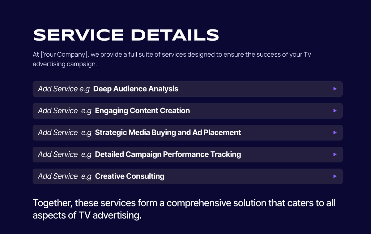 Service Details section listing services for TV advertising campaigns like audience analysis, content creation, and media buying.