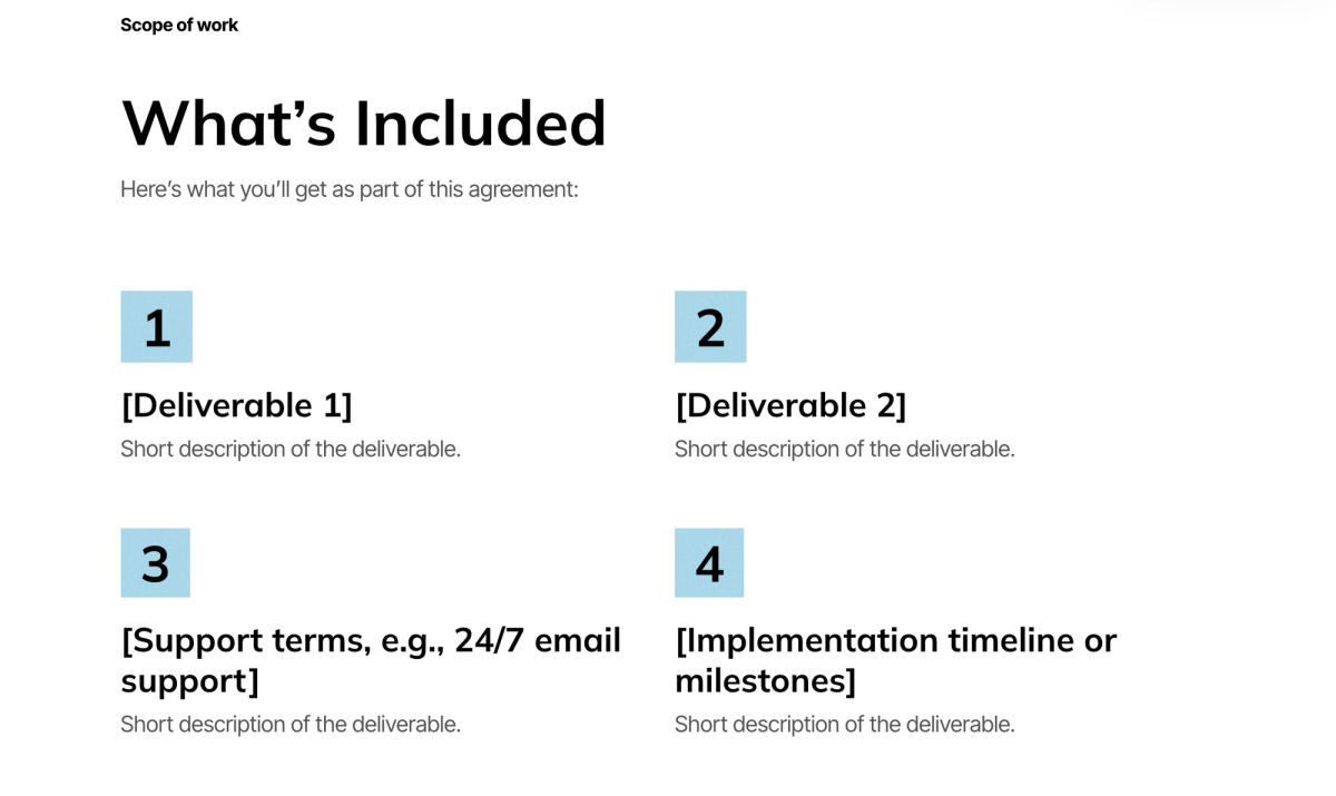 A document titled "What's Included" outlining four deliverables: Deliverable 1, Deliverable 2, Support terms, and Implementation timeline or milestones.