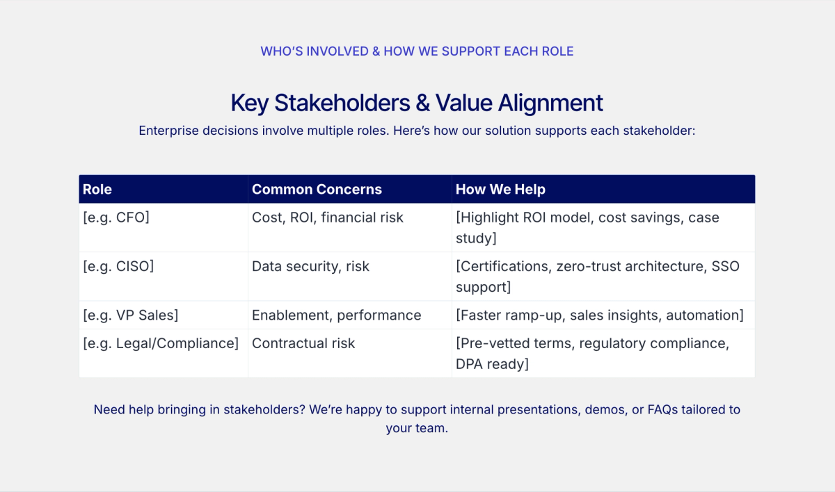 a page that says key stakeholders and value alignment