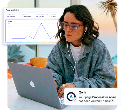 A person works on a laptop, viewing a page analytics dashboard with a graph and receiving a "Qwilr" notification about a proposal being viewed.
