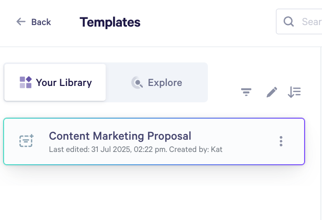 A digital interface showing the "Templates" section, with "Your Library" selected and a "Content Marketing Proposal" item highlighted.