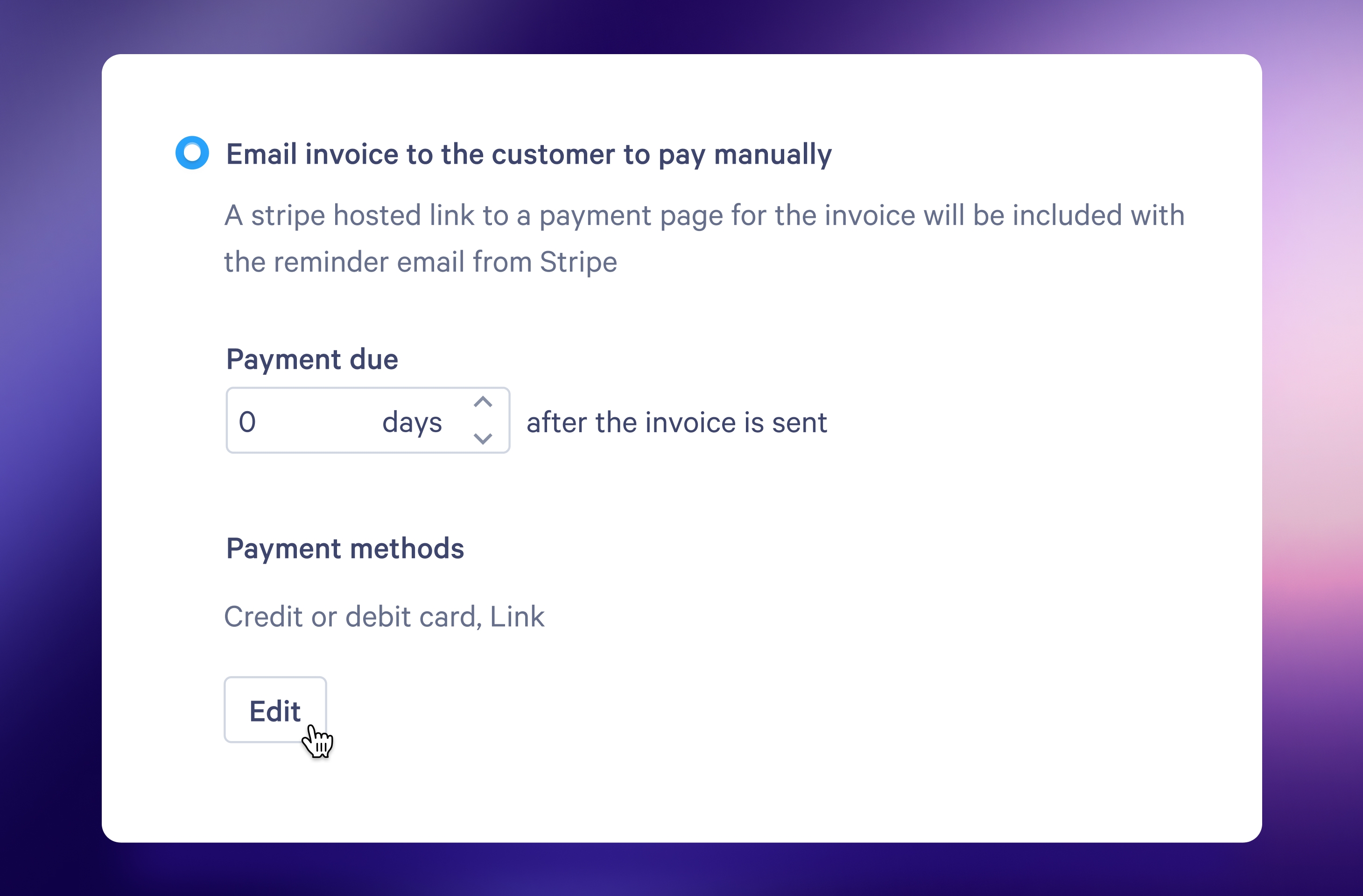 a screenshot of an email invoice to the customer to pay manually .