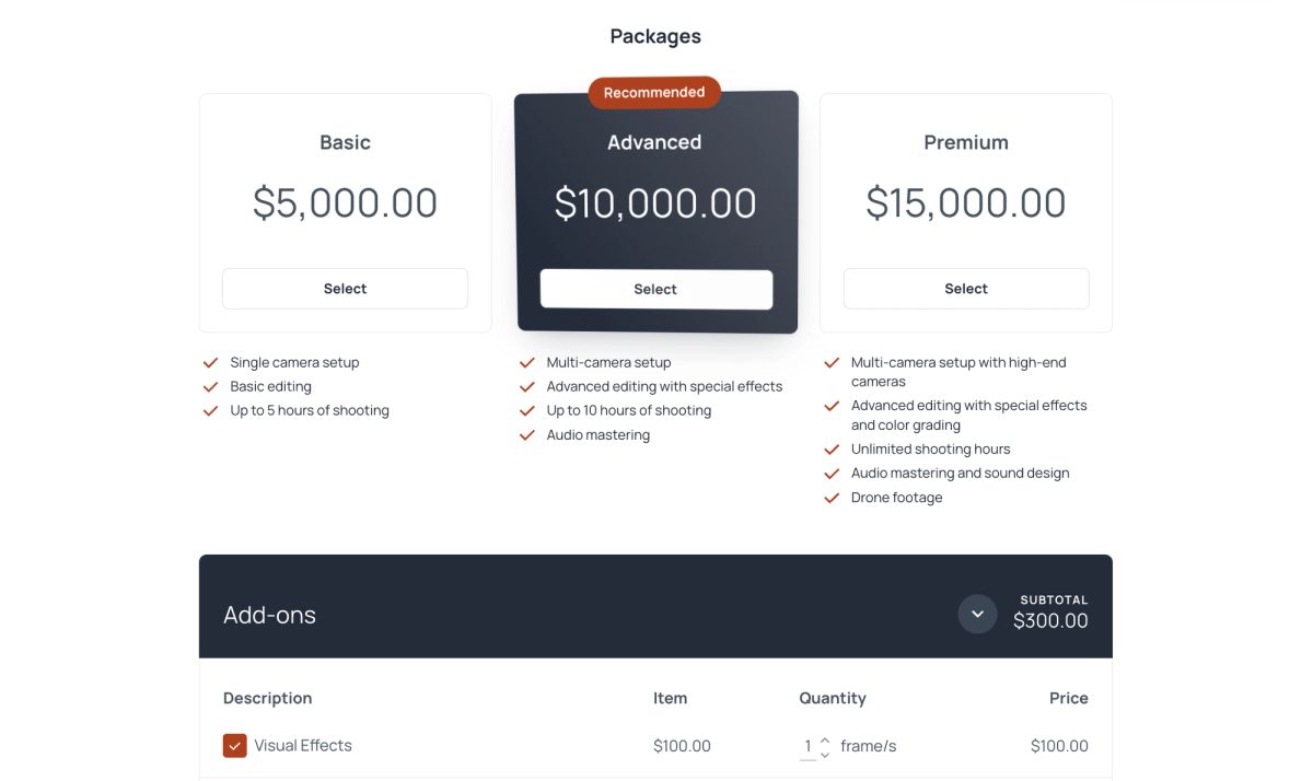 A pricing page showing Basic, Advanced (recommended), and Premium packages ranging from $5,000 to $15,000, plus an add-ons section with a $300 subtotal.