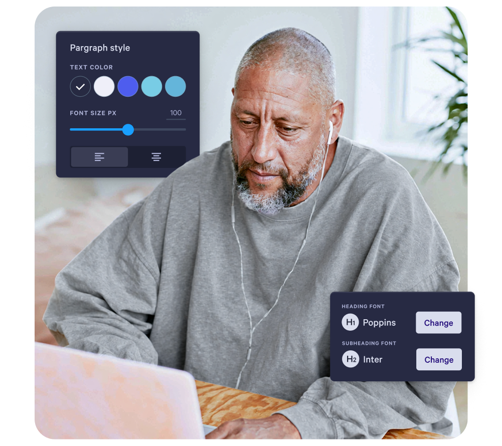 Man using laptop with overlaid UI for paragraph style (color, font size) and heading/subheading font selection.