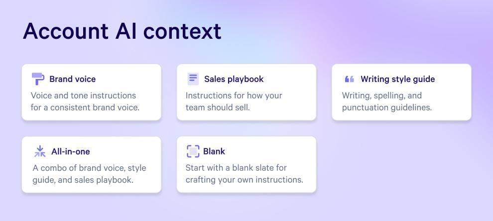 User interface for Account AI context, showing five options: Brand voice, Sales playbook, Writing style guide, All-in-one, and Blank template.