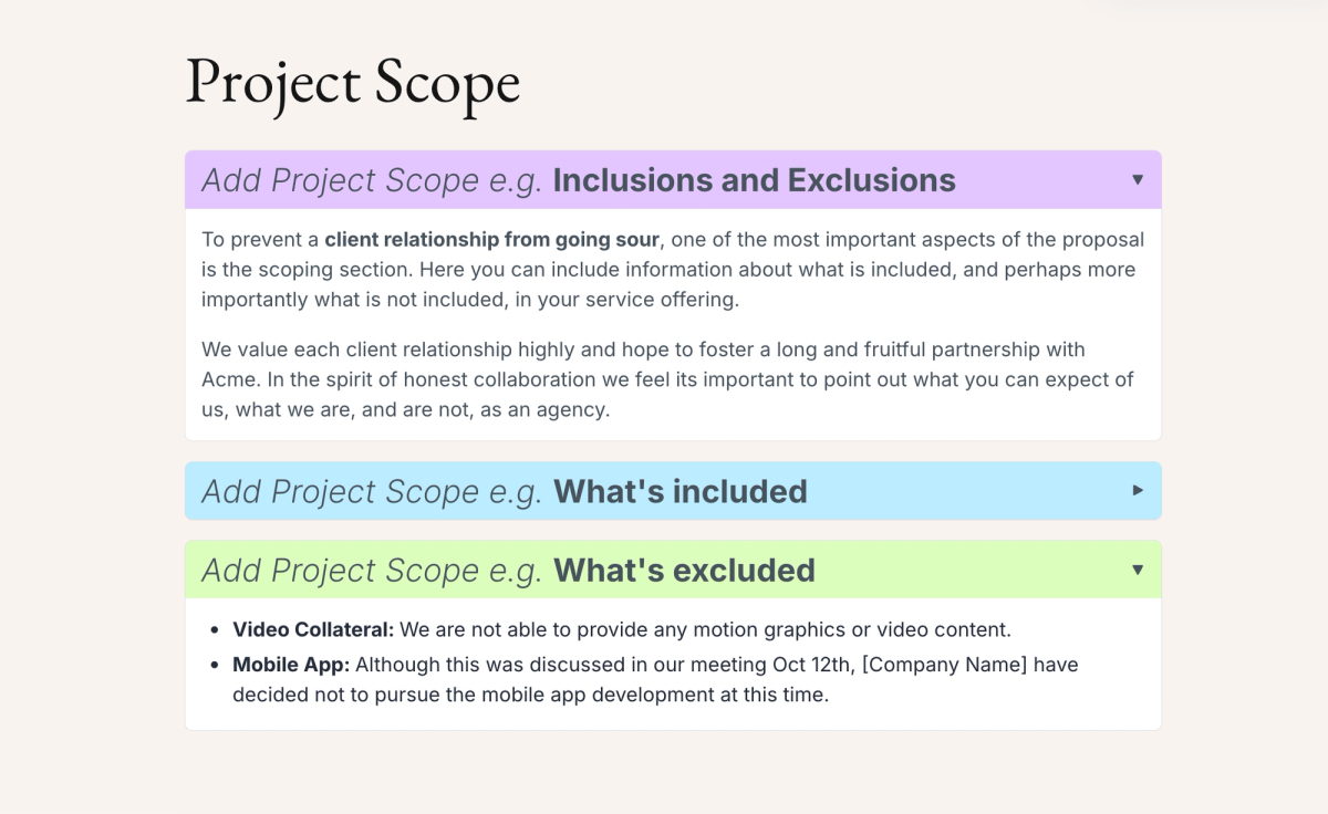 A 'Project Scope' document template with expanded sections for 'Inclusions and Exclusions' and 'What's excluded', showing example content.