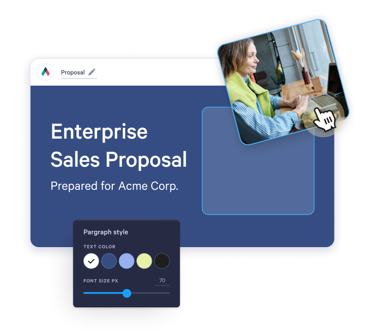 A document editor displaying an "Enterprise Sales Proposal" with text style controls and an image being added by a user.