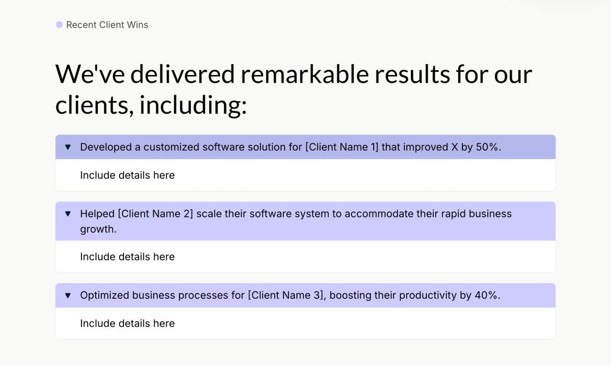 Web page section titled "Recent Client Wins" with three expandable client result summaries.