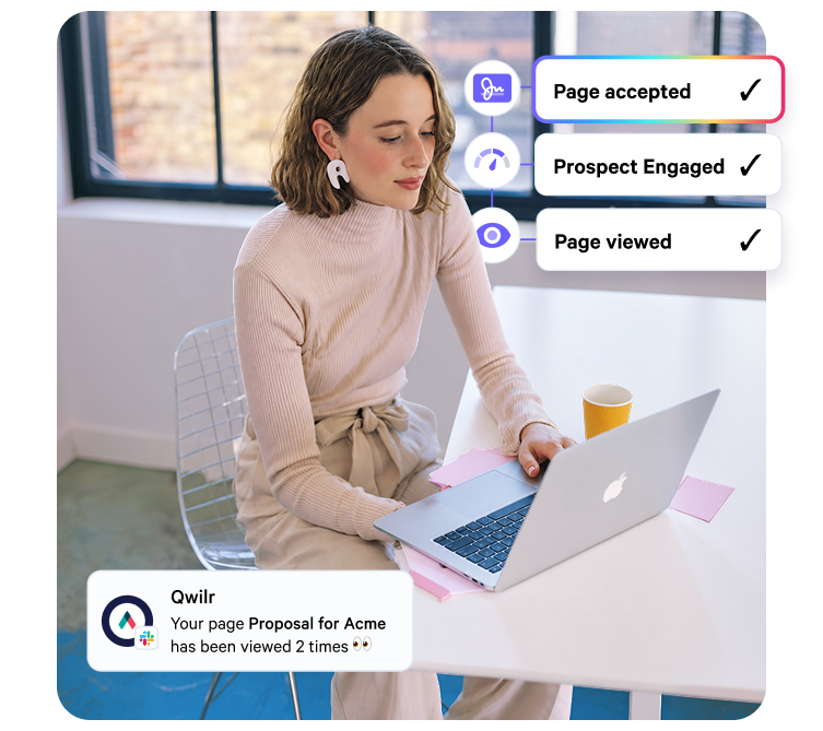 A woman on a laptop tracks digital proposal engagement, with on-screen metrics showing "Page accepted," "Prospect Engaged," and "Page viewed," plus a Qwilr notification.