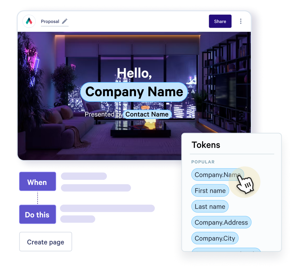 A hand cursor selects "Company.Name" from a list of tokens, dynamically updating a document preview with "Hello, Company Name."