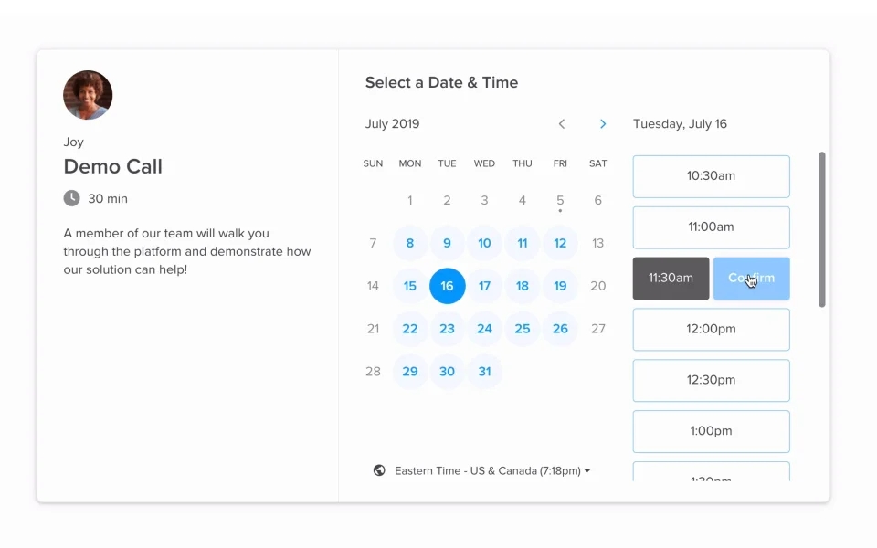 Calendly interface for scheduling a demo call