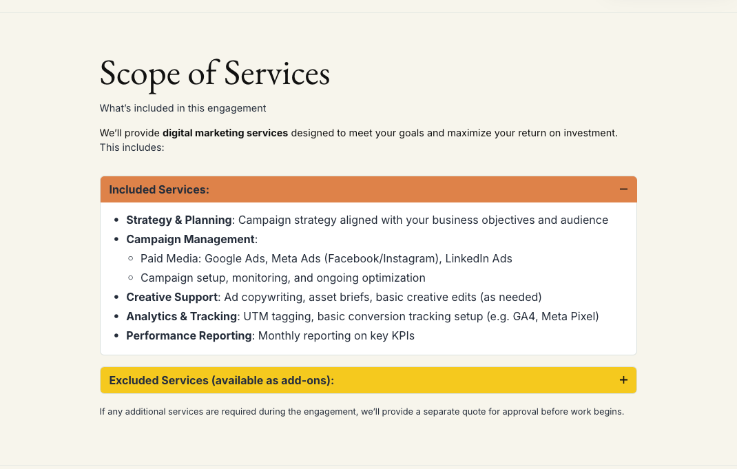 a scope of services page for a digital marketing company