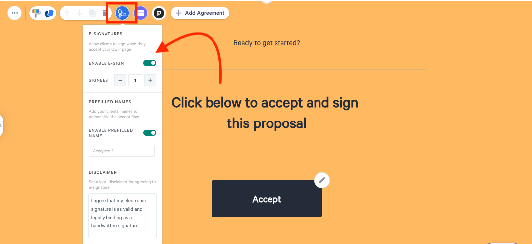 a screenshot of a website that says click below to accept and sign this proposal