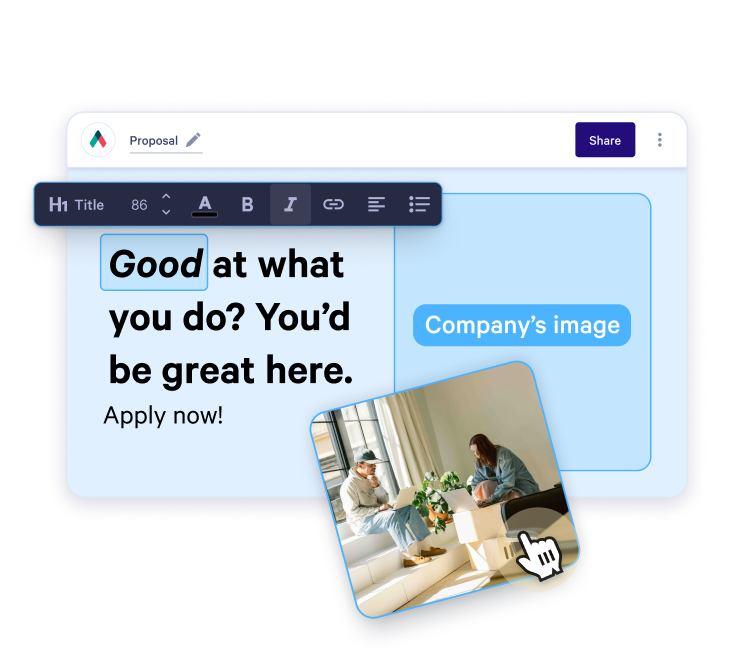 A document editor showing text and an image placeholder, with a cursor dragging a photo of two people working toward the placeholder.