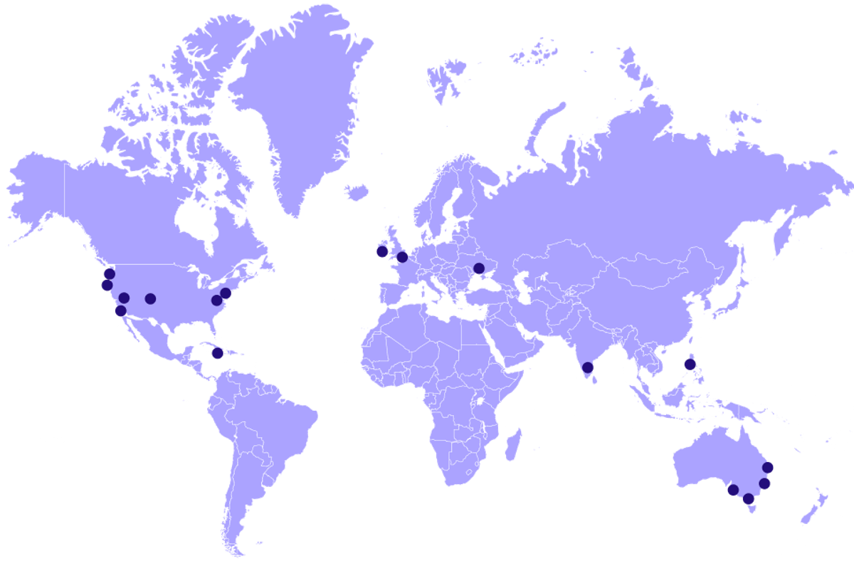 a map of the world shows the locations of the Qwilr support team