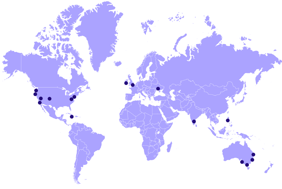 a map of the world shows the locations of the Qwilr support team