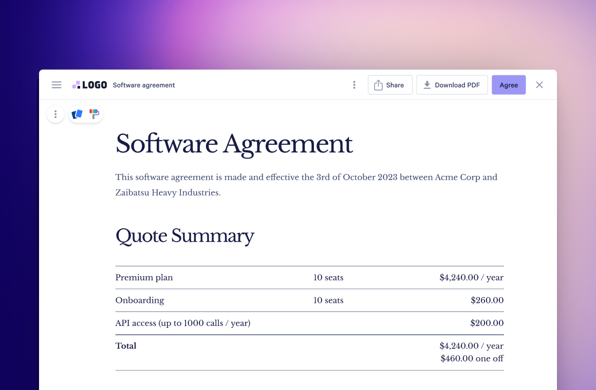 a screenshot of a software agreement with a quote summary