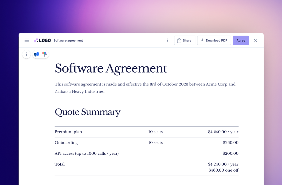 a Qwilr page showing a software agreement with a quote summary