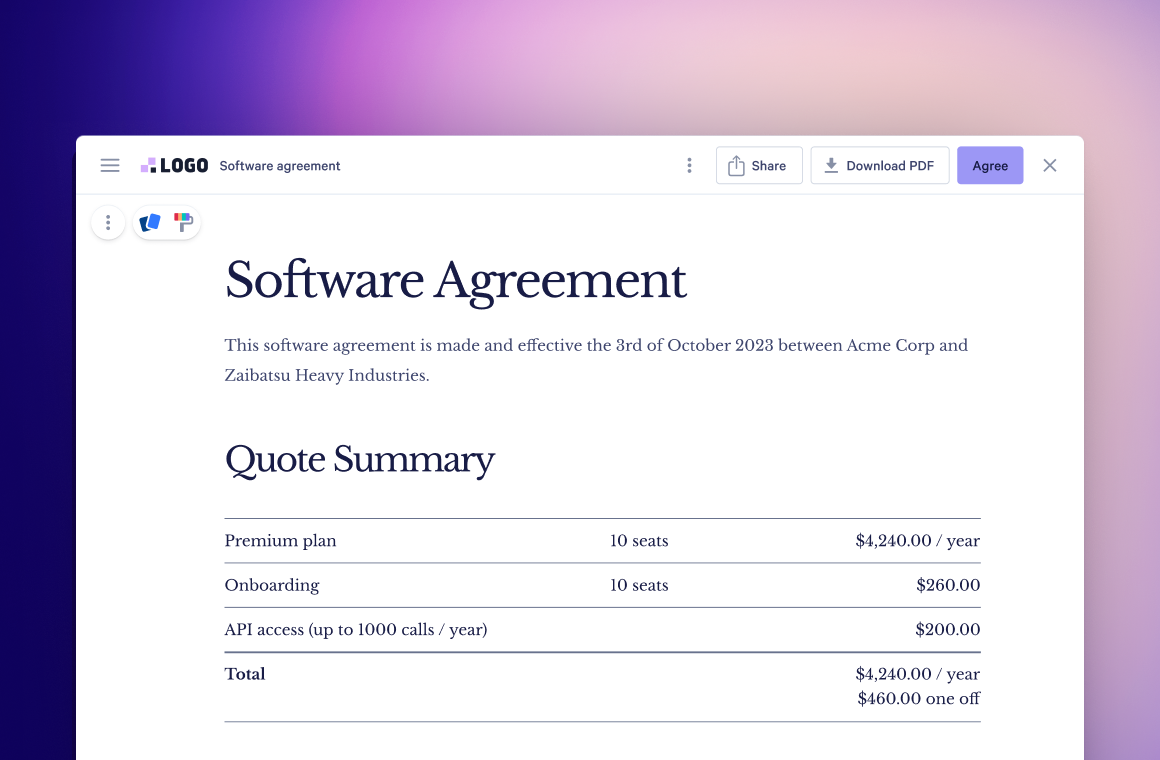 a Qwilr page showing a software agreement with a quote summary