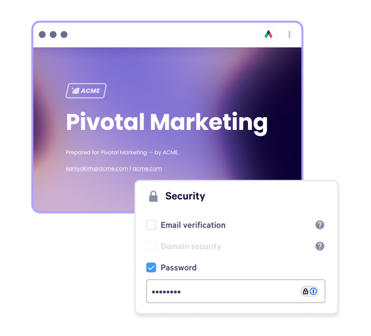 An ACME 'Pivotal Marketing' presentation in a browser window, partially covered by a security settings dialog with a checked password field.