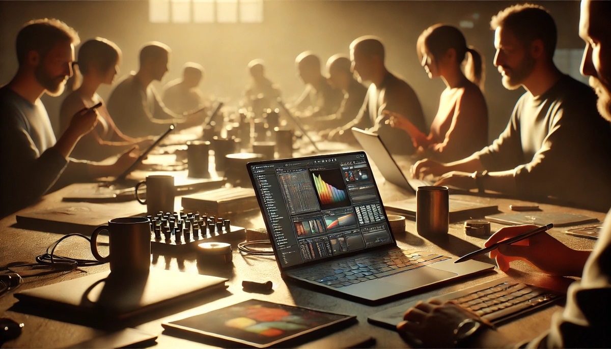 a group of people are sitting at a table with laptops and tablets .