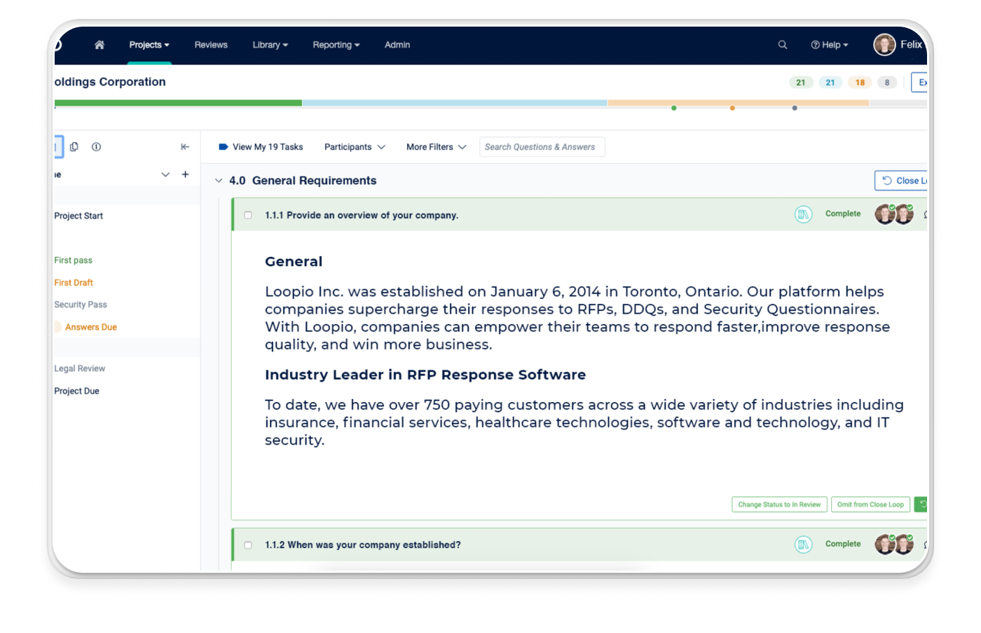Screenshot of the Loopio RFP response software interface showing a company overview under 'General Requirements' and a project timeline with stages like 'Answers Due'.