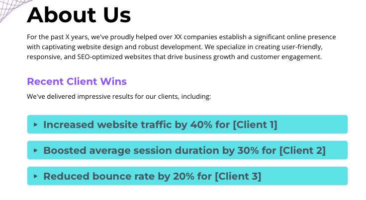 a page that says about us and recent client wins