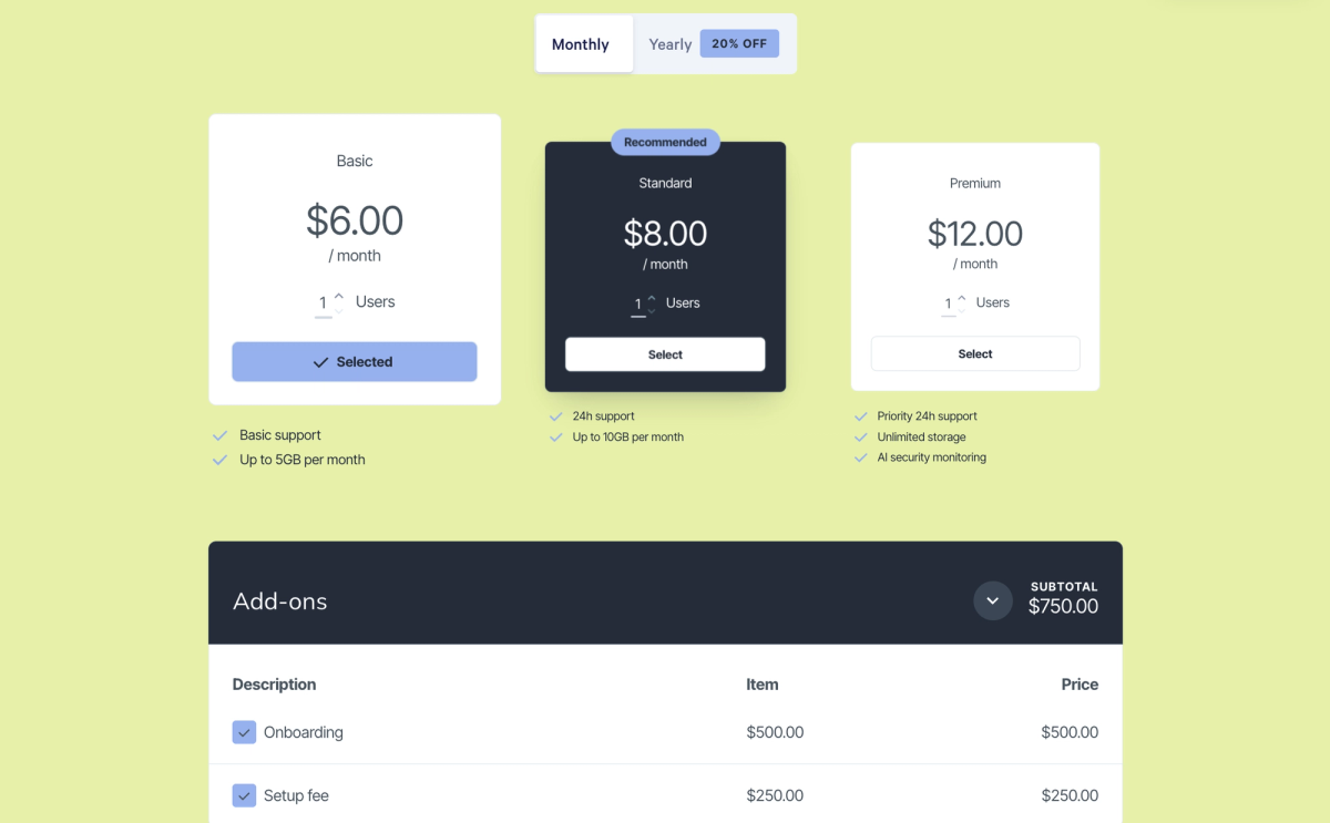 a screenshot of a pricing page for a service