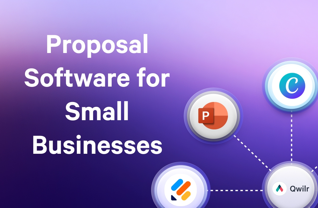 a proposal software for small businesses is shown on a purple background .